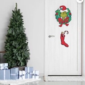 Dr. Seuss The Grinch in Wreath with Stocking Window Cling Vinyl Holiday Decor